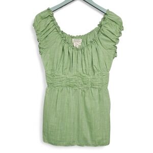 MSSP Max Studio Sage Green Cotton Smocked Peasant Blouse Cap Sleeve Top - Medium
